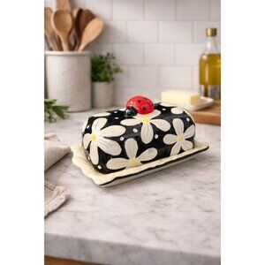 New Ceramic Summer Spring Ladybug On Daisy Flower Kitchen Butter Dish
